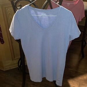3Kirkland Signature Pale Blue V-Neck Short Sleeve Tee and light pink shirts